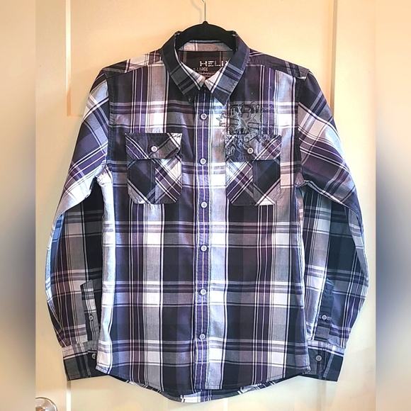 Genlty Worn! HELIX - Mens Plaid Graphic Long Sleeve Shirt - Size XL Y2K - Picture 3 of 5
